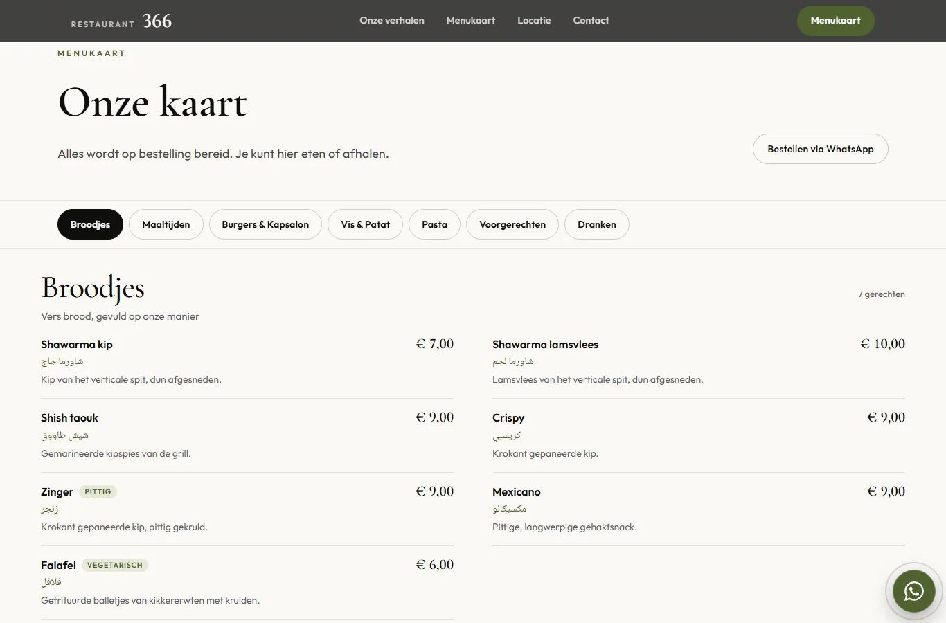De menukaart, met een tabblad per categorie